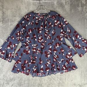 Lane Bryant Shirt Womens 18 Blue Floral Peplum Bell Sleeve Blouse Top Casual
